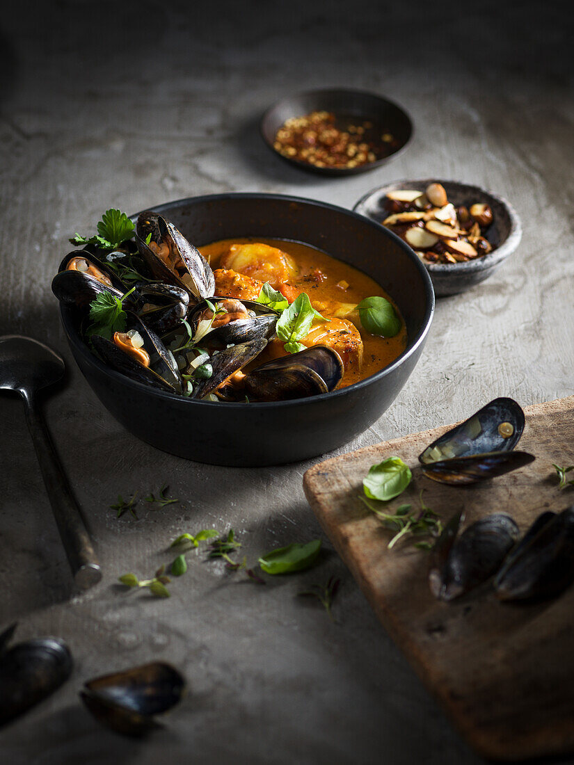Spanish fish and mussel stew with almonds, tomatoes and saffron