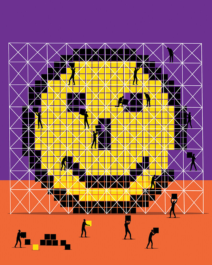 People building a pixel smiley face, illustration