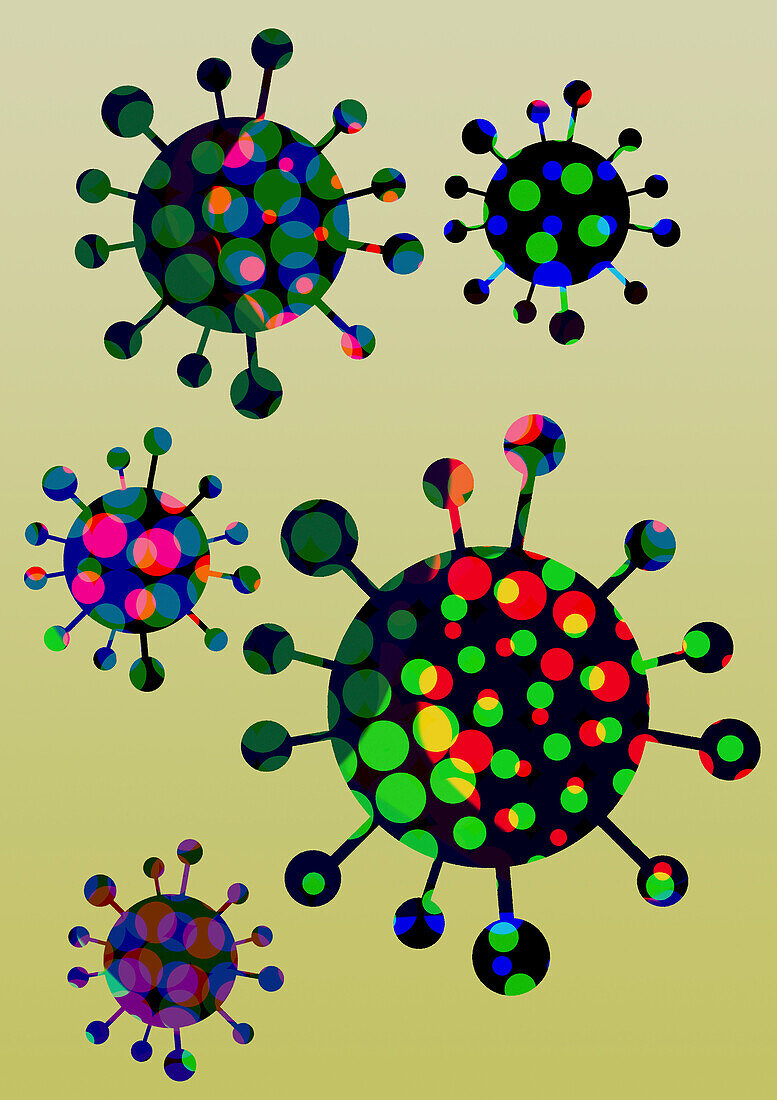 Multi-coloured coronavirus particles, illustration