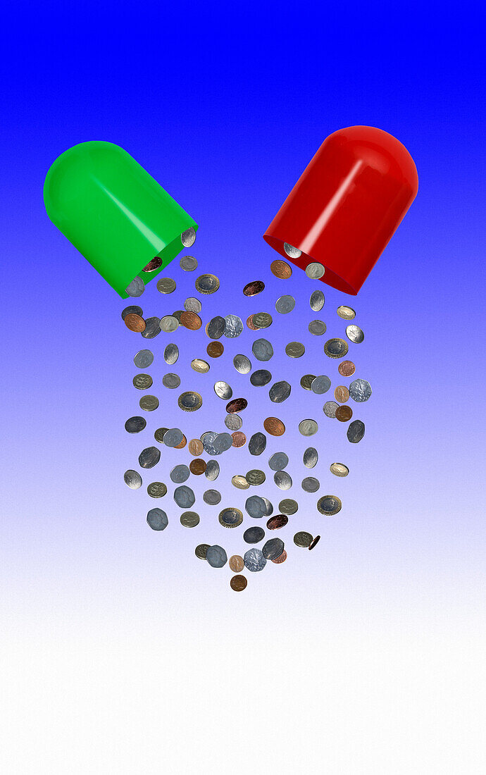 Money spilling out from a pill, conceptual illustration