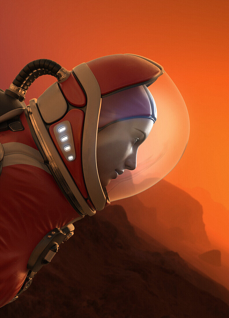 Female astronaut on Mars, illustration