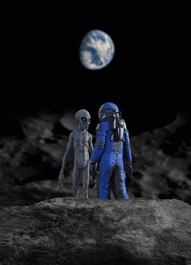 Astronaut meeting an alien, illustration