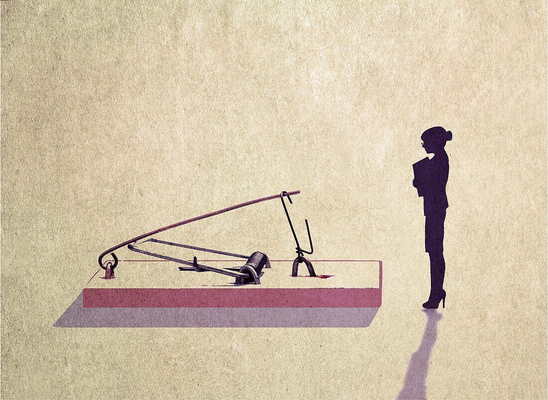 Businesswoman in front of a large mousetrap, illustration
