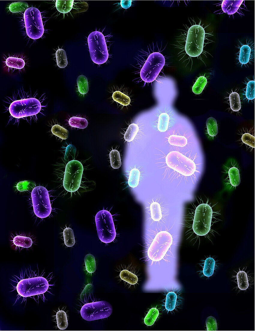 Man surrounded by bacteria, illustration