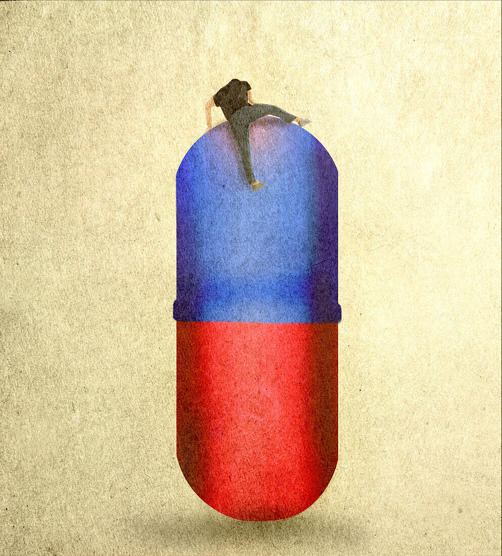 Man climbing over a large pill, illustration