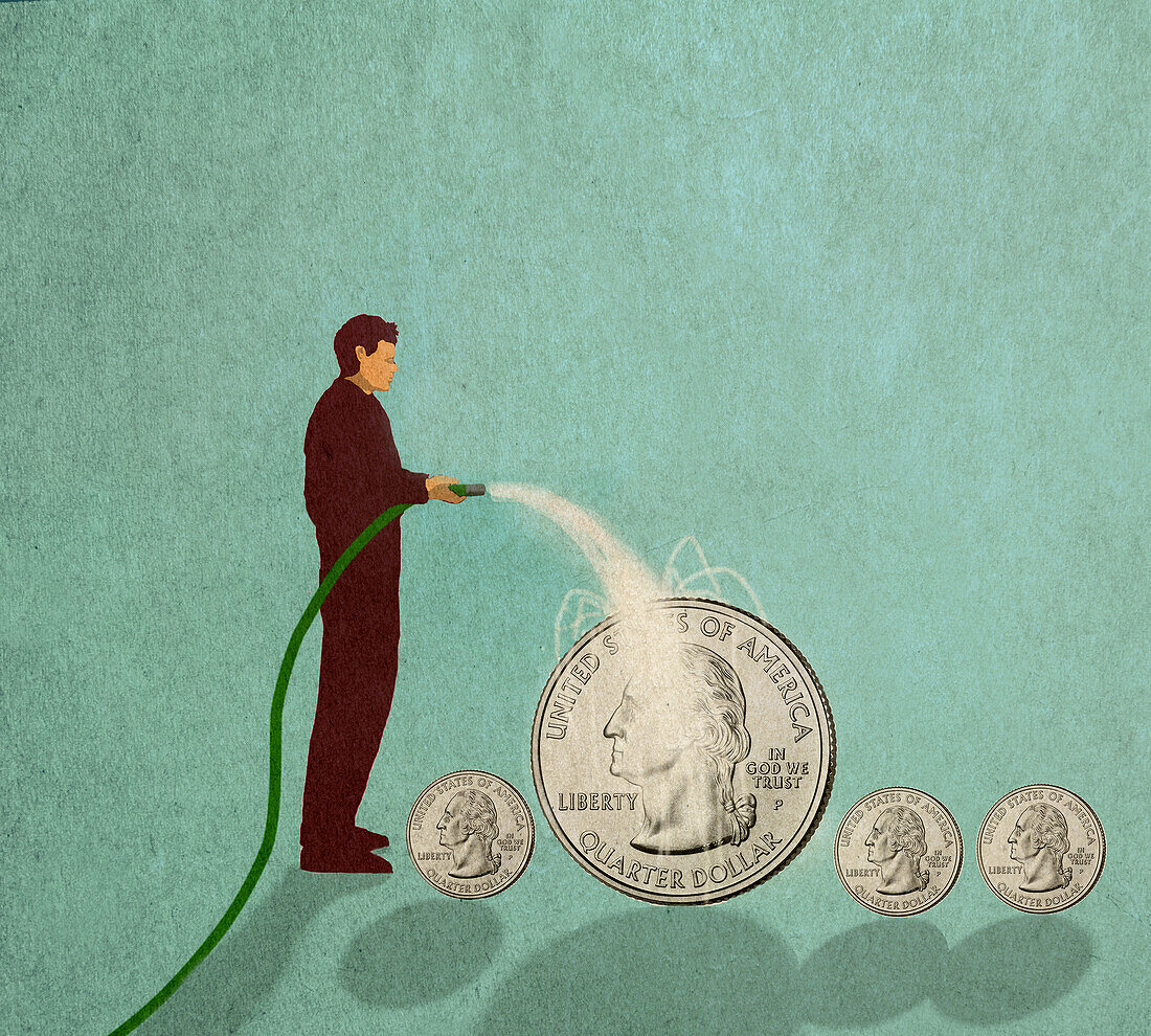 Man watering money, illustration