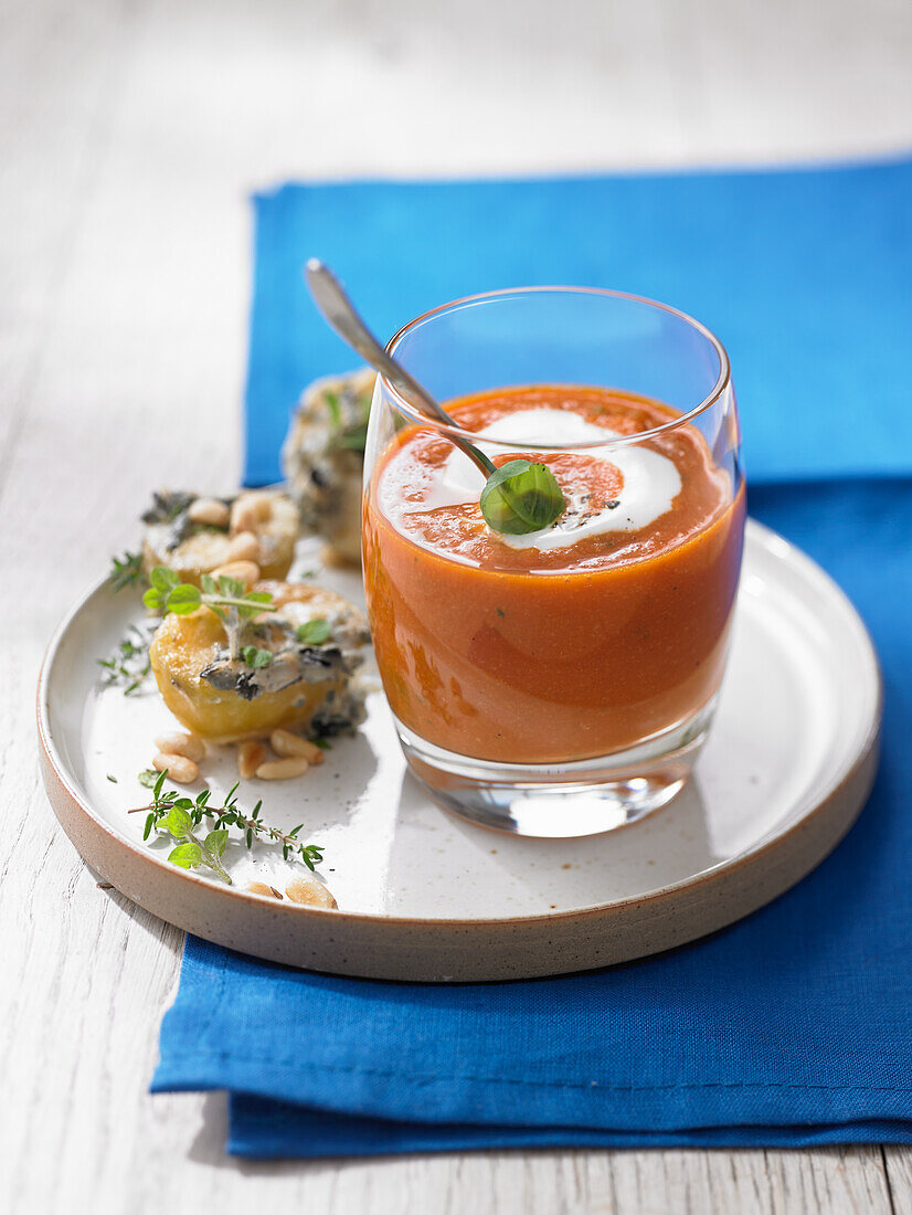 Spring onion gazpacho with basil and Roquefort potatoes