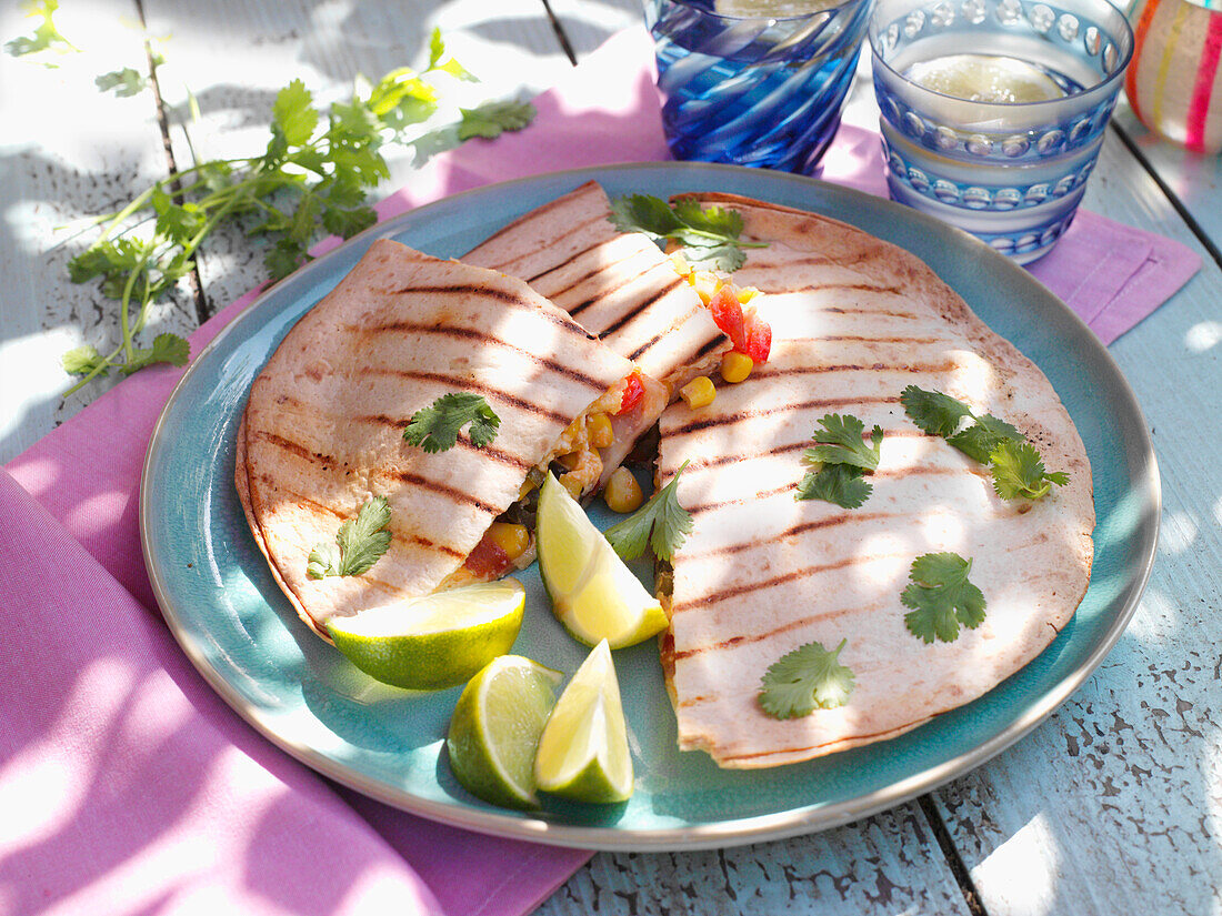 Vegetable quesadillas with sweetcorn, tomatoes, chillies and two types of cheese