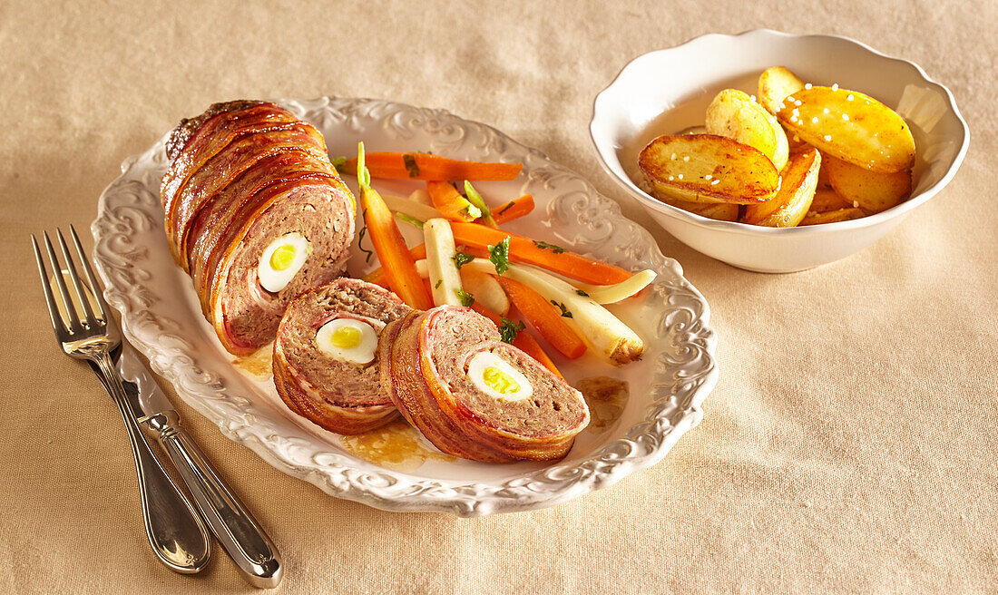Festive meatloaf with egg filling and bacon coat