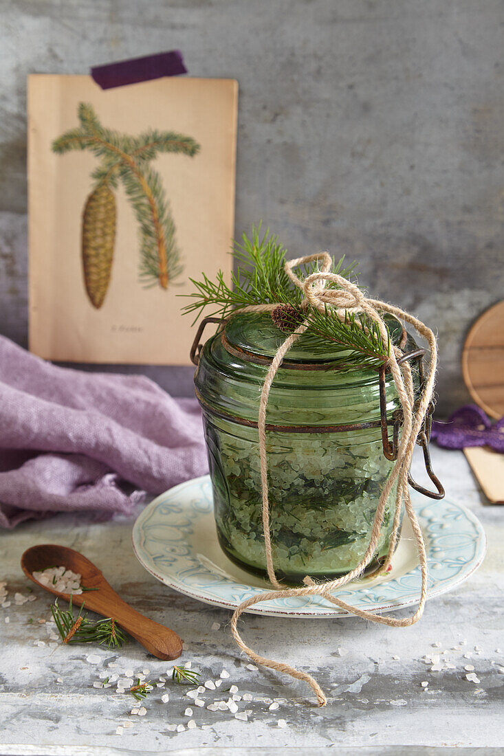 Bath salt made from Himalayan salt and spruce needles as a gift