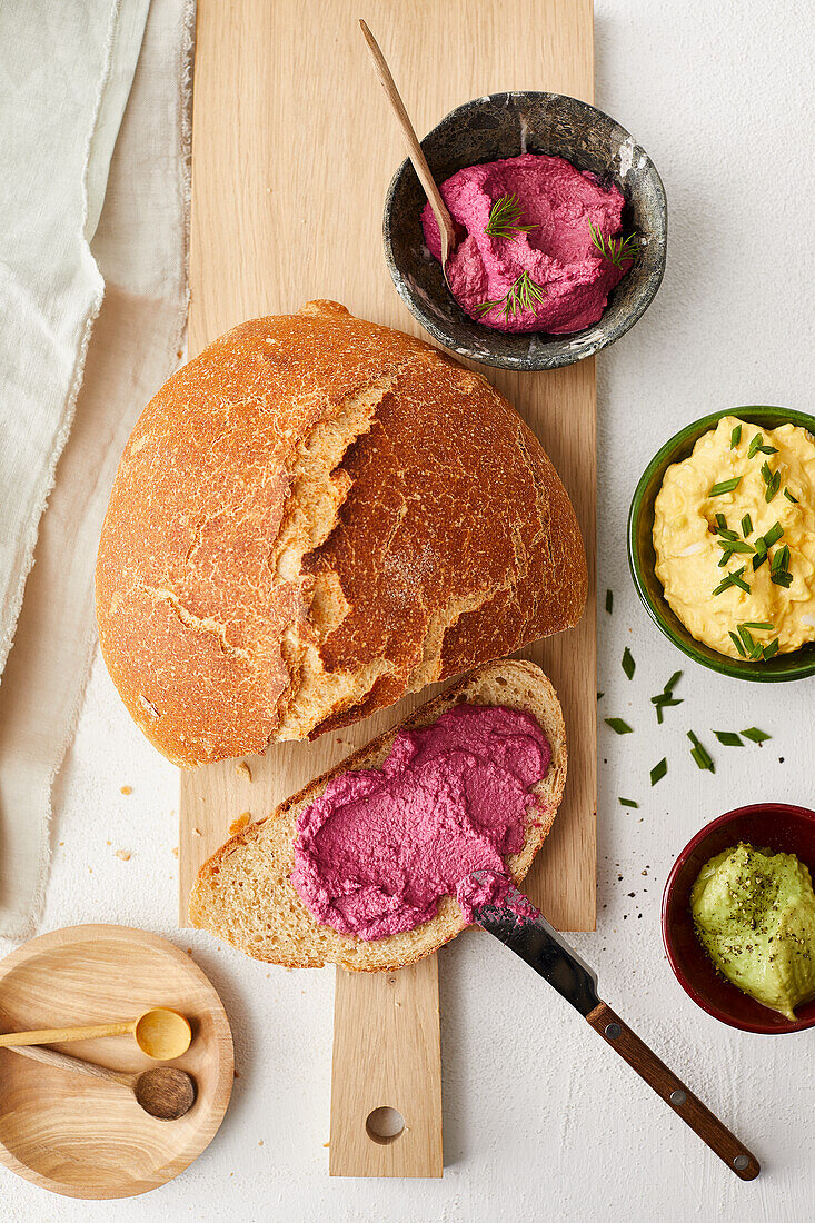 Potato bread with three different spreads