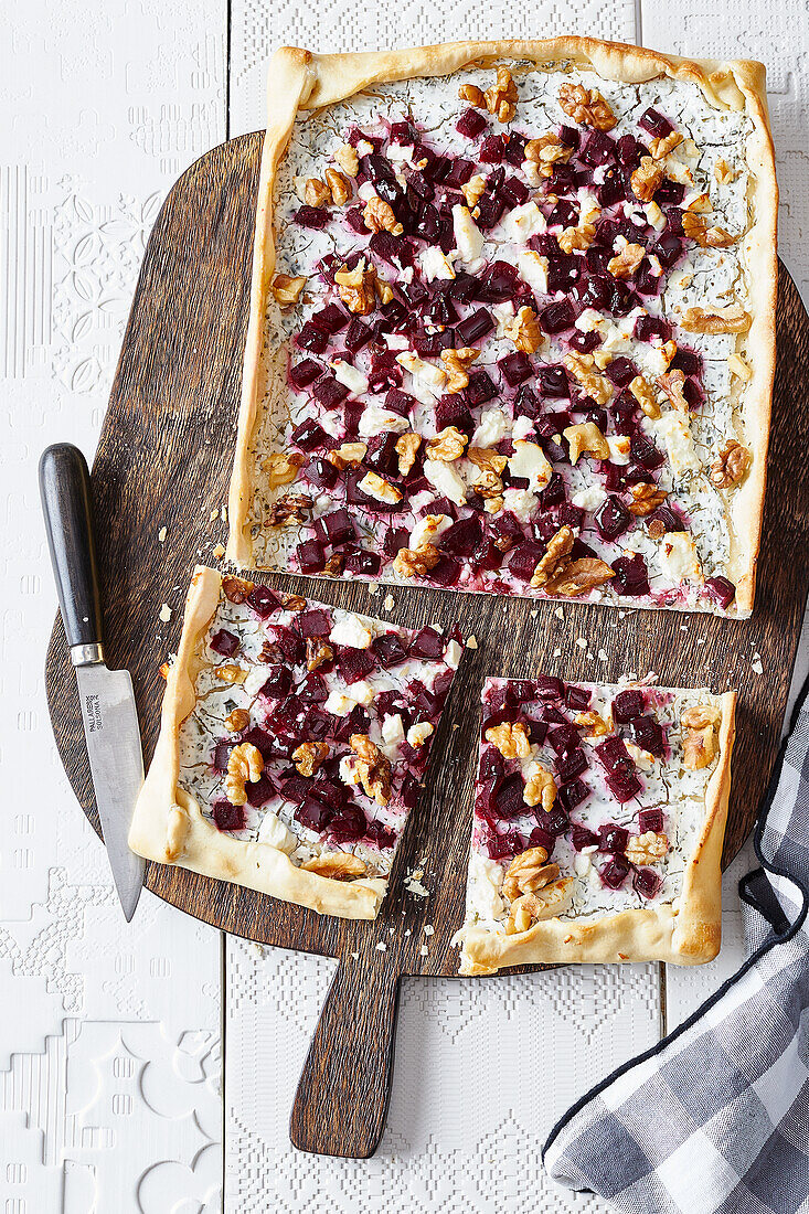 Tarte flambée with beets, walnuts, and feta cheese