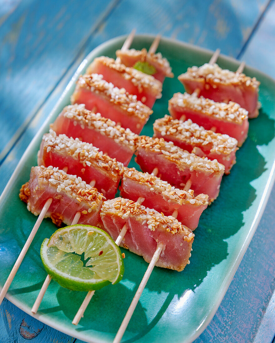 Pan seared tuna skewers