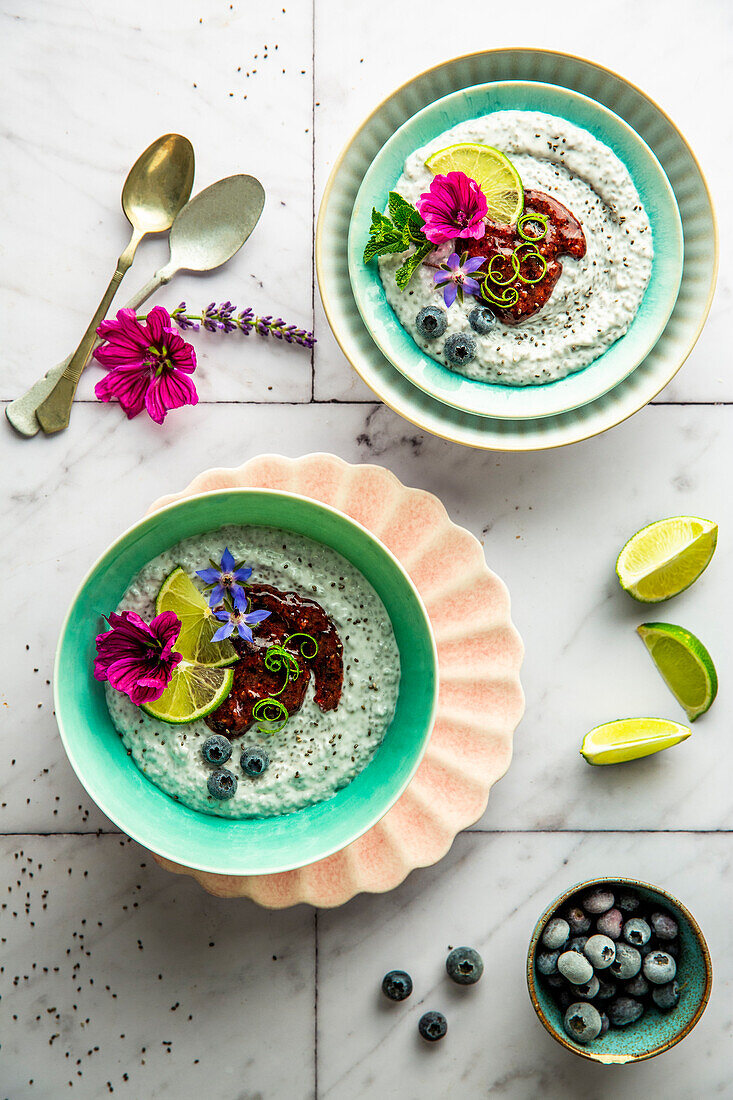Vegan coconut pudding with blueberries and chia seeds
