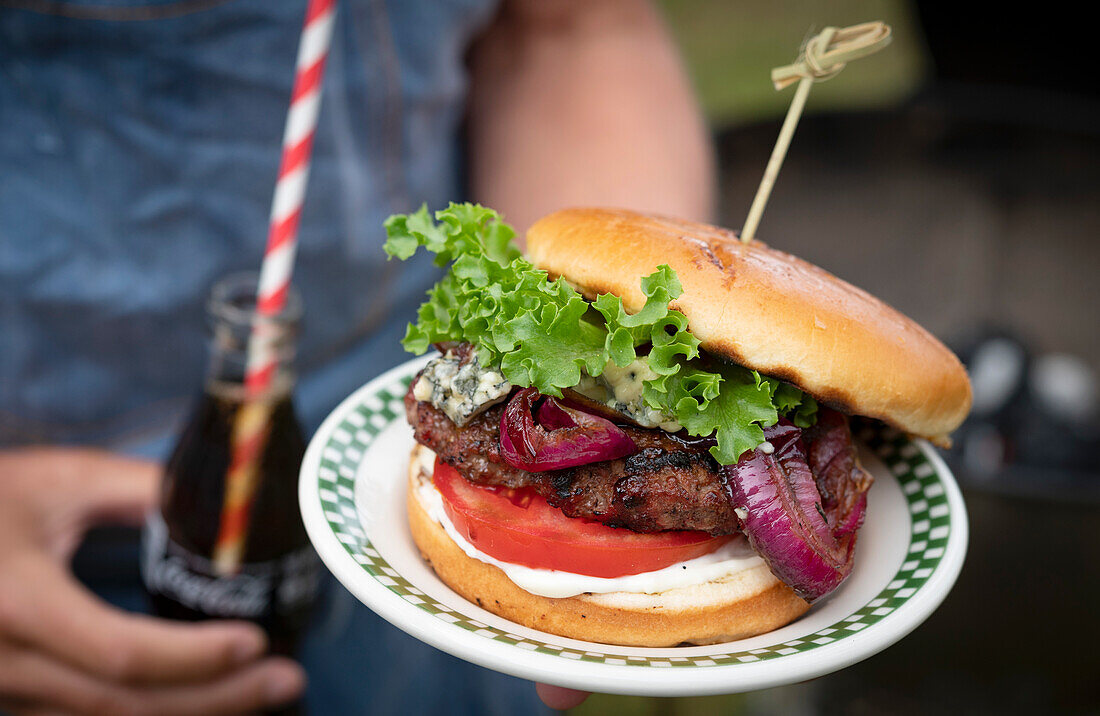 Bbq burger with red onion relish and blue cheese