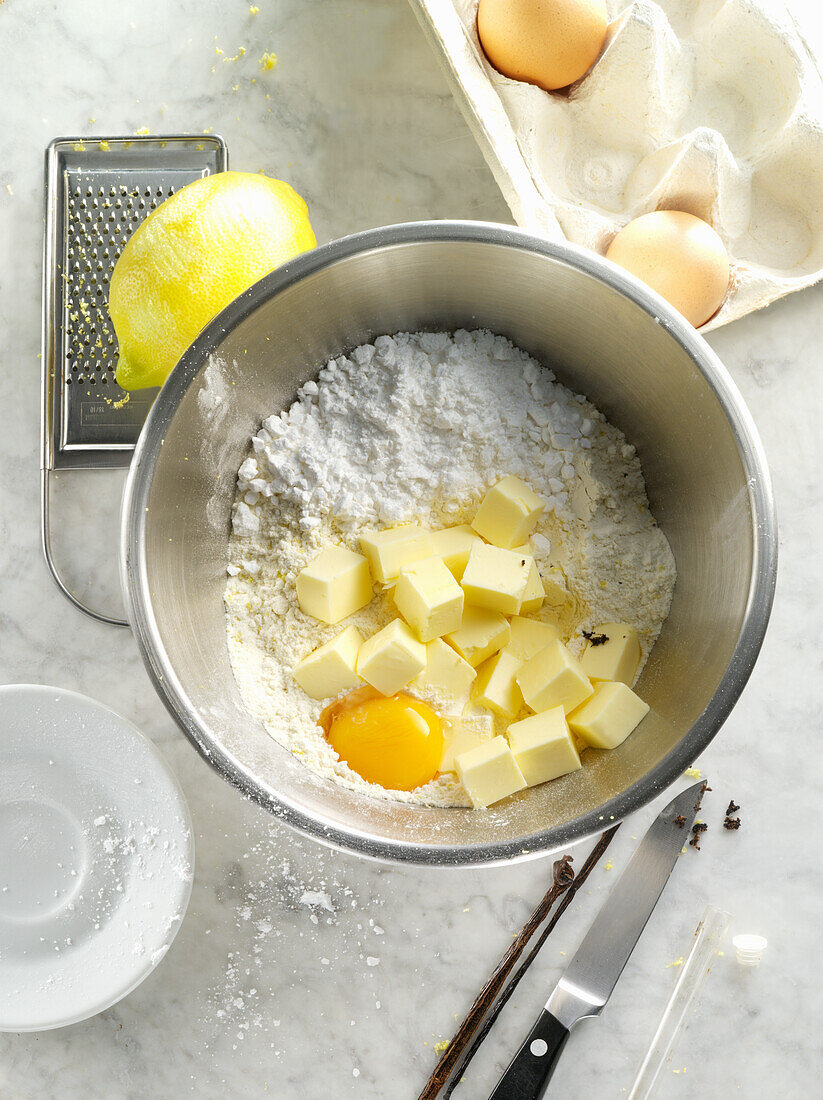 Making shortcrust pastry: Ingredients in a metal bowl