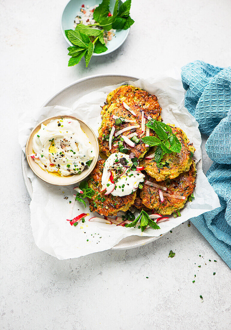 Zucchini-Röstis mit Joghurt-Dip