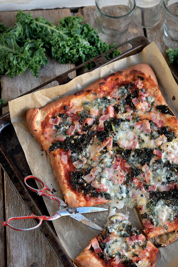 Kale pizza with pancetta and gorgonzola cheese