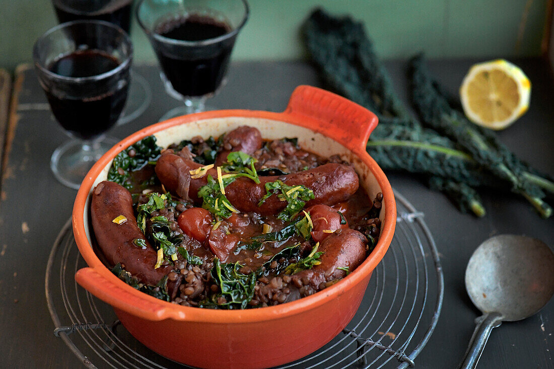 Sausage stew with puy lentils, black cabbage and gremolata