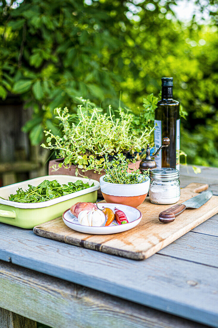 Fresh herbs, chilli and garlic (ingredients for chimichurri) on garden table