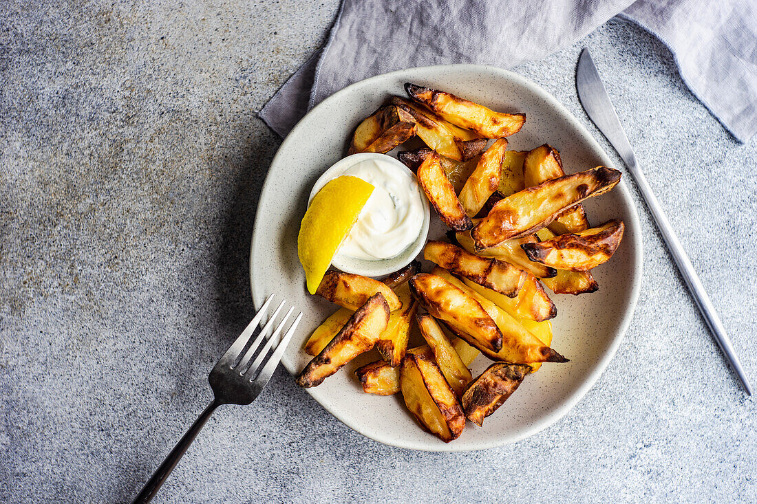 Knusprig gebackene Kartoffeln und Sauerrahmdip mit Knoblauch und Dill