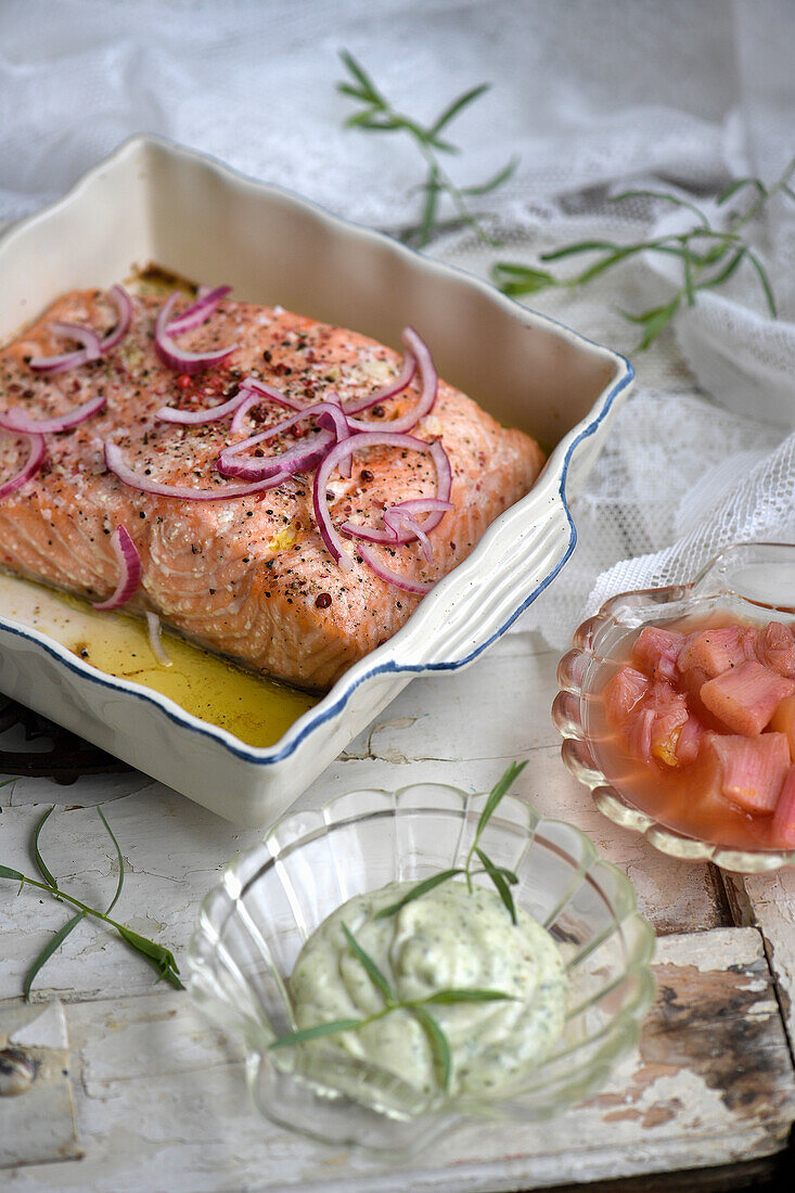 Roasted salmon with tarragon mayo and sweet and sour rhubarb compote