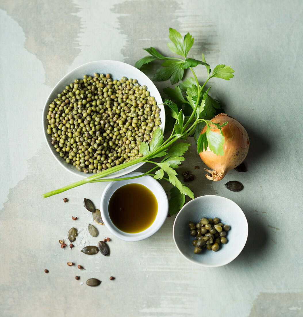 Ingredients for vegan mung bean salad