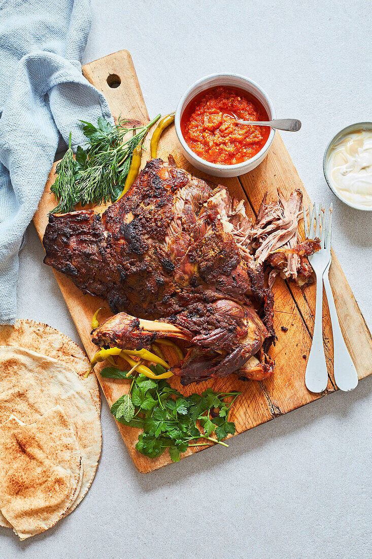Slow-cooked lamb shawarma with pickled chilli harissa