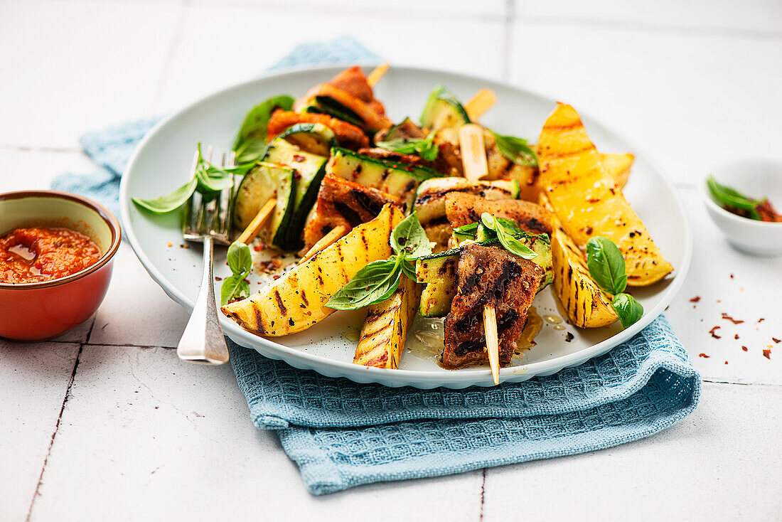 Belly-beef courgette skewers with potatoes