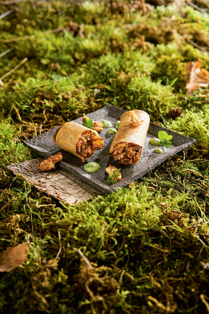 Umami forest mushroom roll with herb mayo and caramelized walnuts