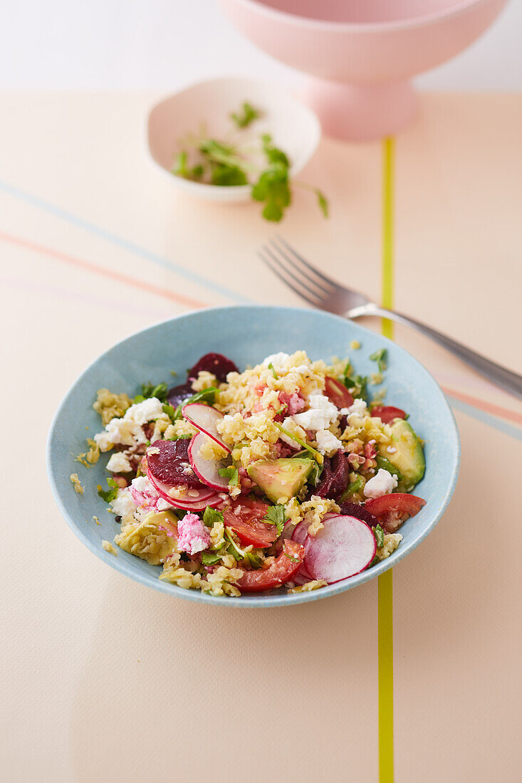Lentil taboulé with beets, avocado, tomatoes, and herbs