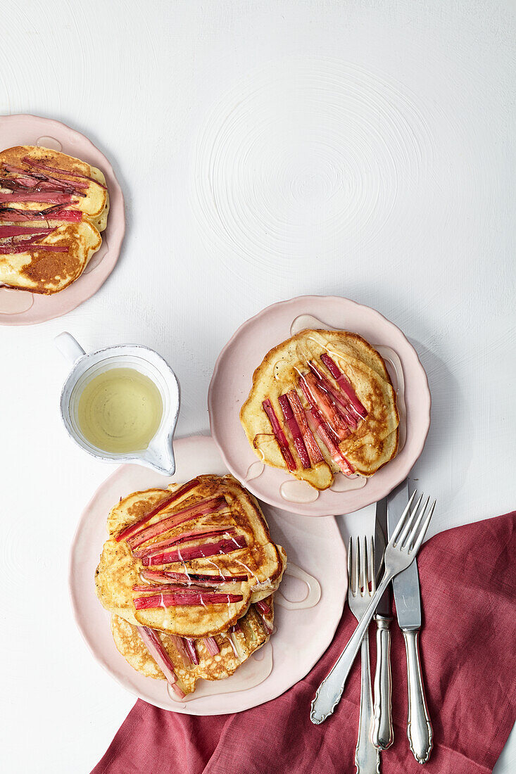 Rhubarb pancakes with elderberry syrup