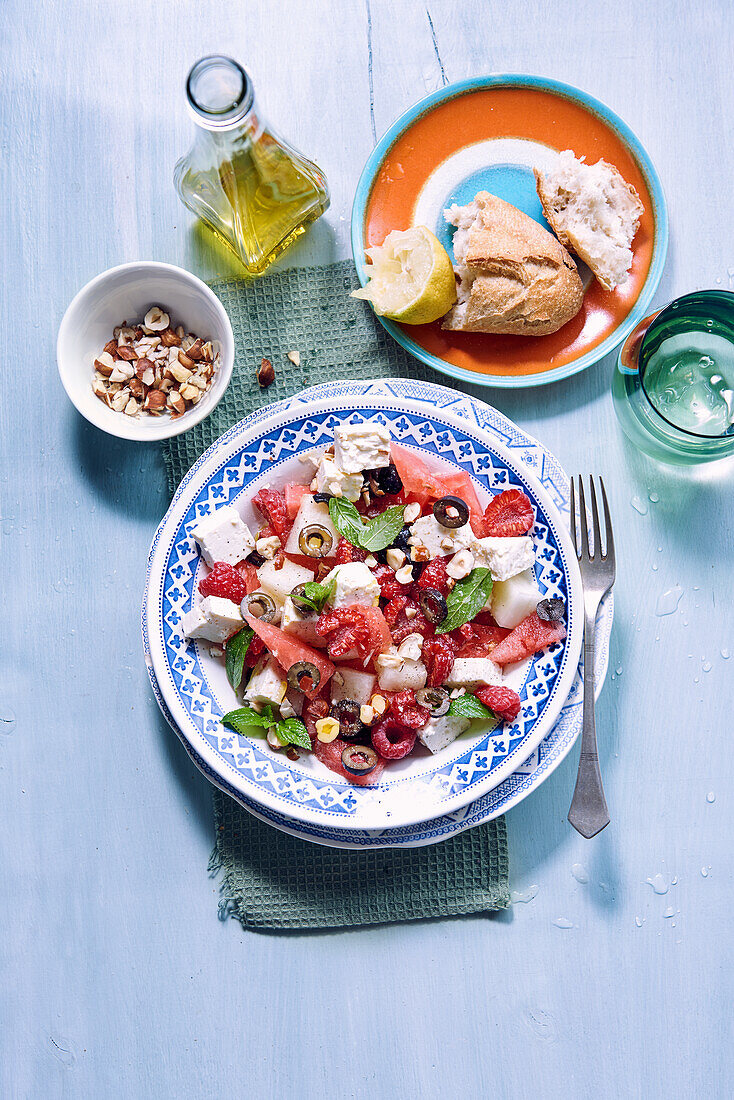 Watermelon and feta salad with olives