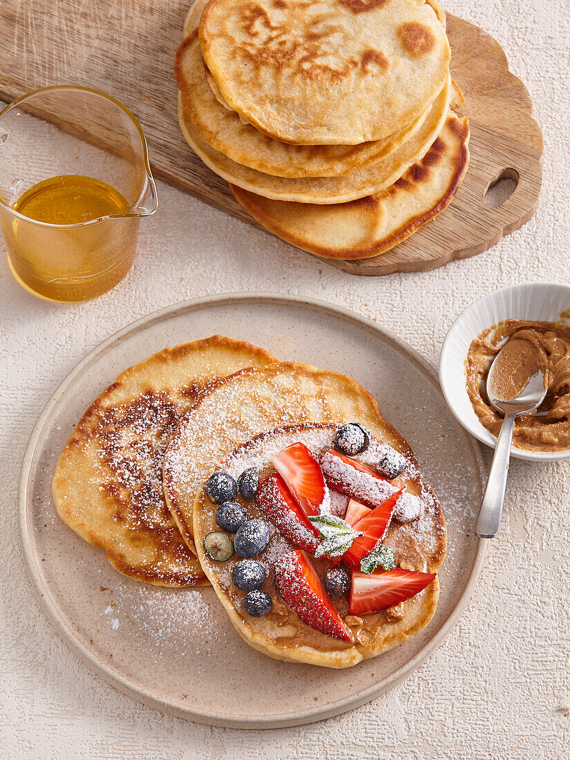 Peanut butter pancakes with fresh fruit
