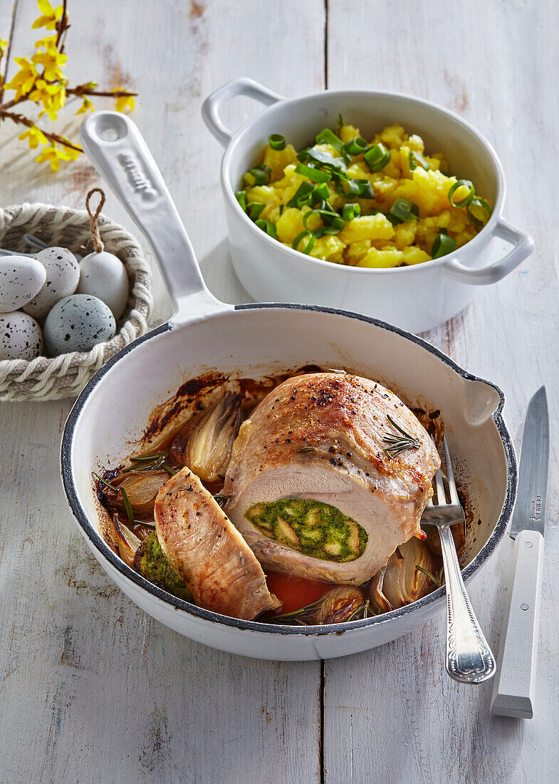 Roasted goat leg stuffed with spring herbs