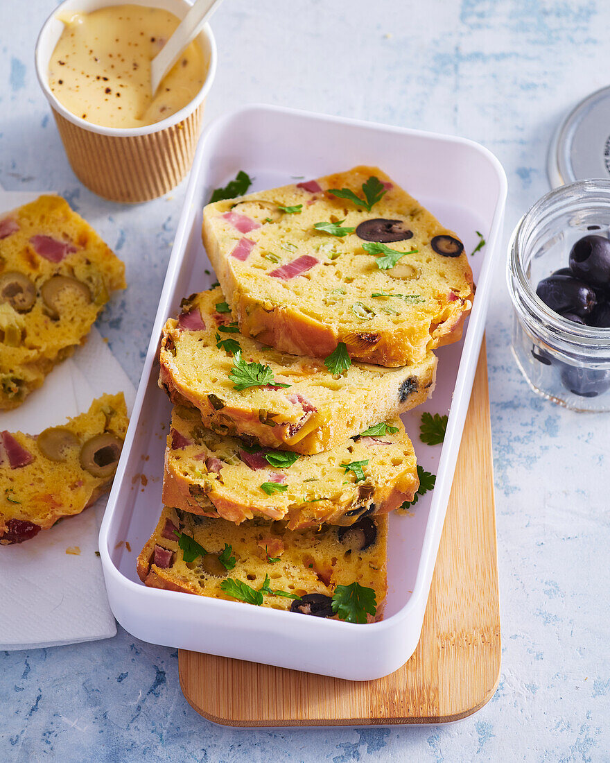 Savoury cheese bread with olives and ham