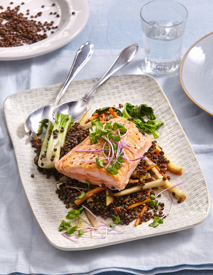 Lachs auf warmem Linsensalat