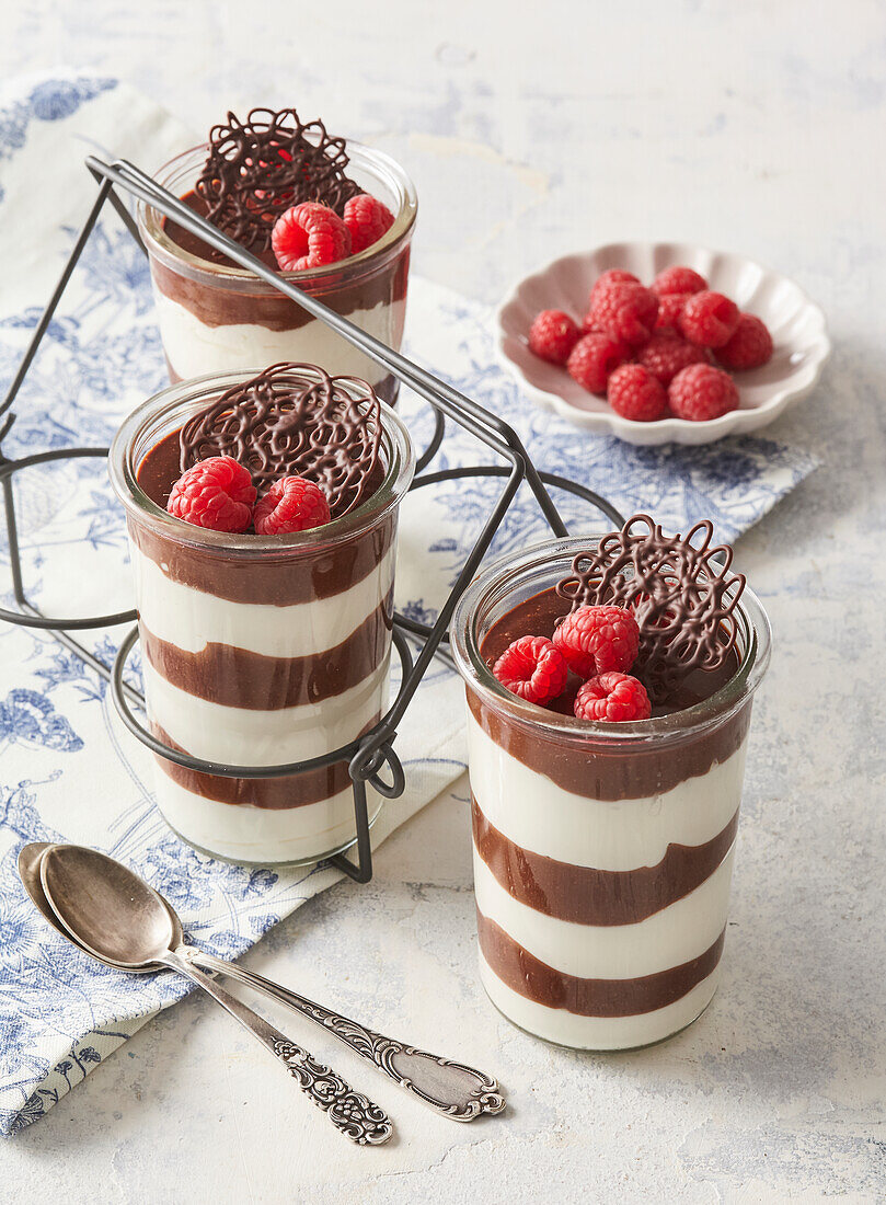 Schoko-Quark-Schichtdessert mit Himbeeren