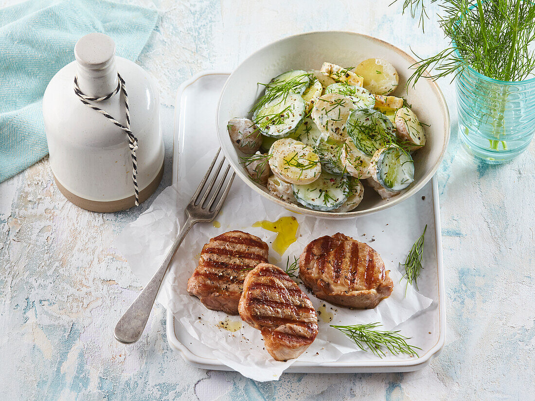 Grilled pork tenderloin and dill salad