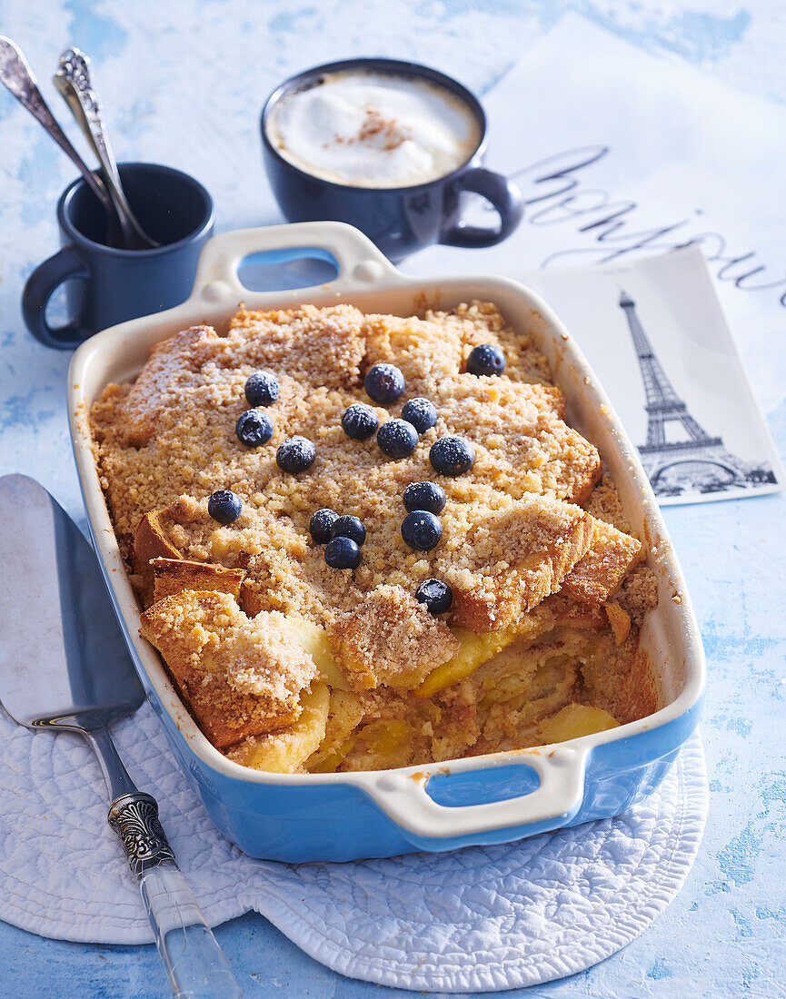 Baked French toast with apples and blueberries