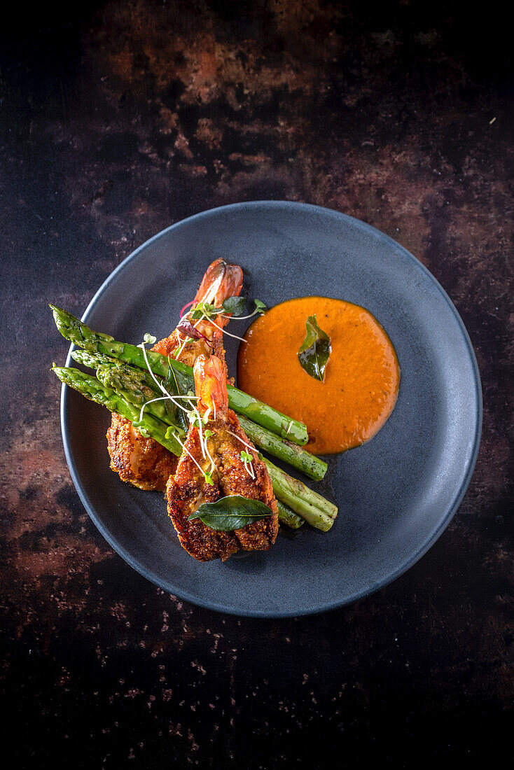 Grilled Malabar prawns with asparagus and coconut sauce