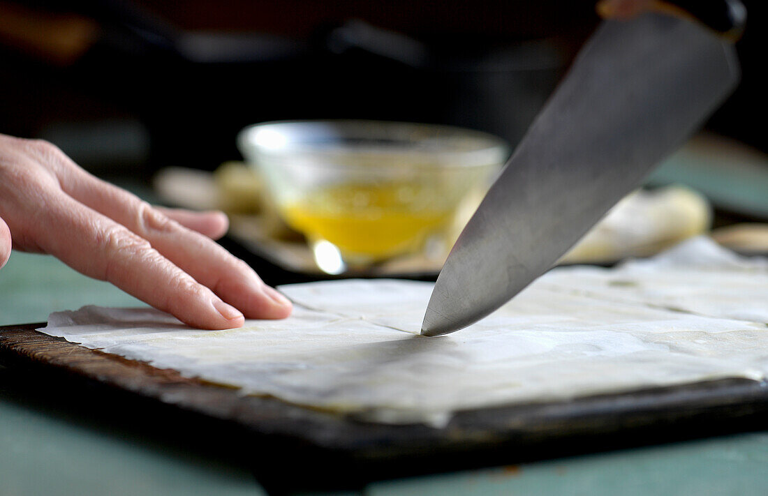 Cutting filo pastry into rectangles