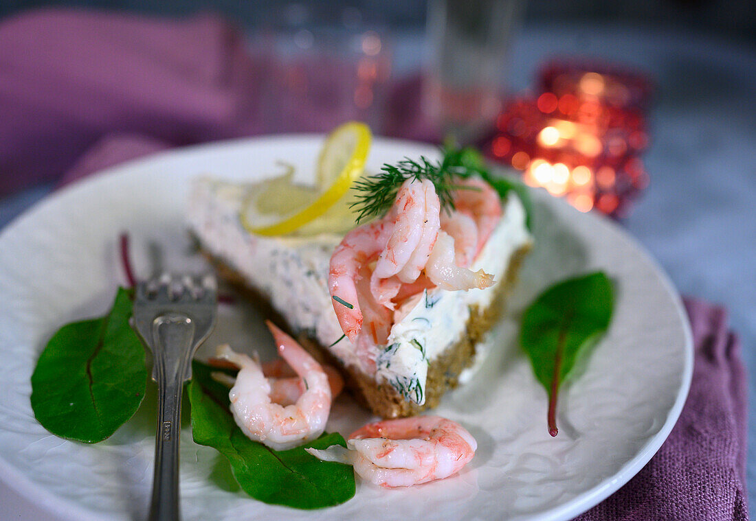 New Year's Eve menu - Hearty cream cheese tart with shrimp as a starter