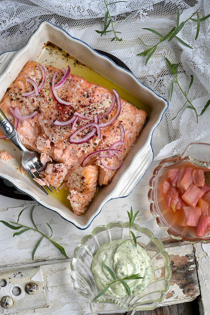 Oven roasted salmon served with tarragon mayonnaise and sweet and sour rhubarb compote