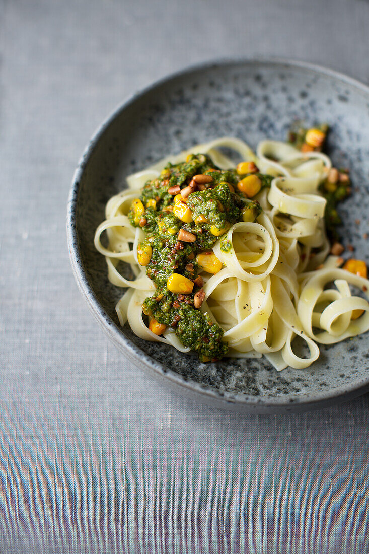 Ribbon noodles with corn pesto, vegan