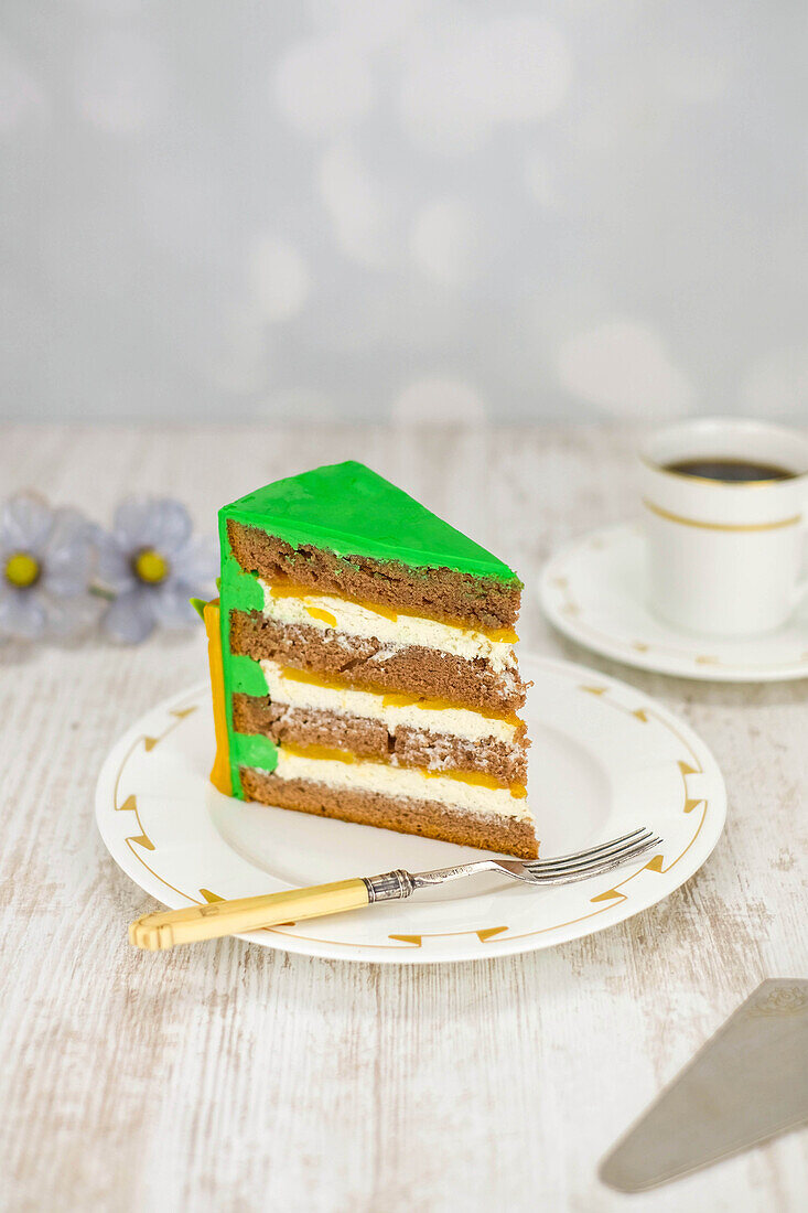 A slice of chocolate mango cake