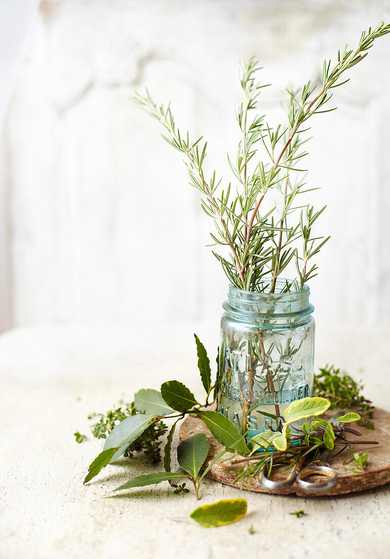 Rosemary sprigs in a jar surrounded by various kitchen herbs