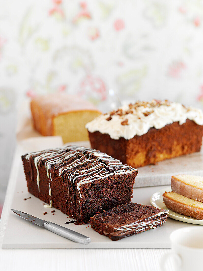 Elderflower crisp cake, banana pecan cake, double chocolate cake