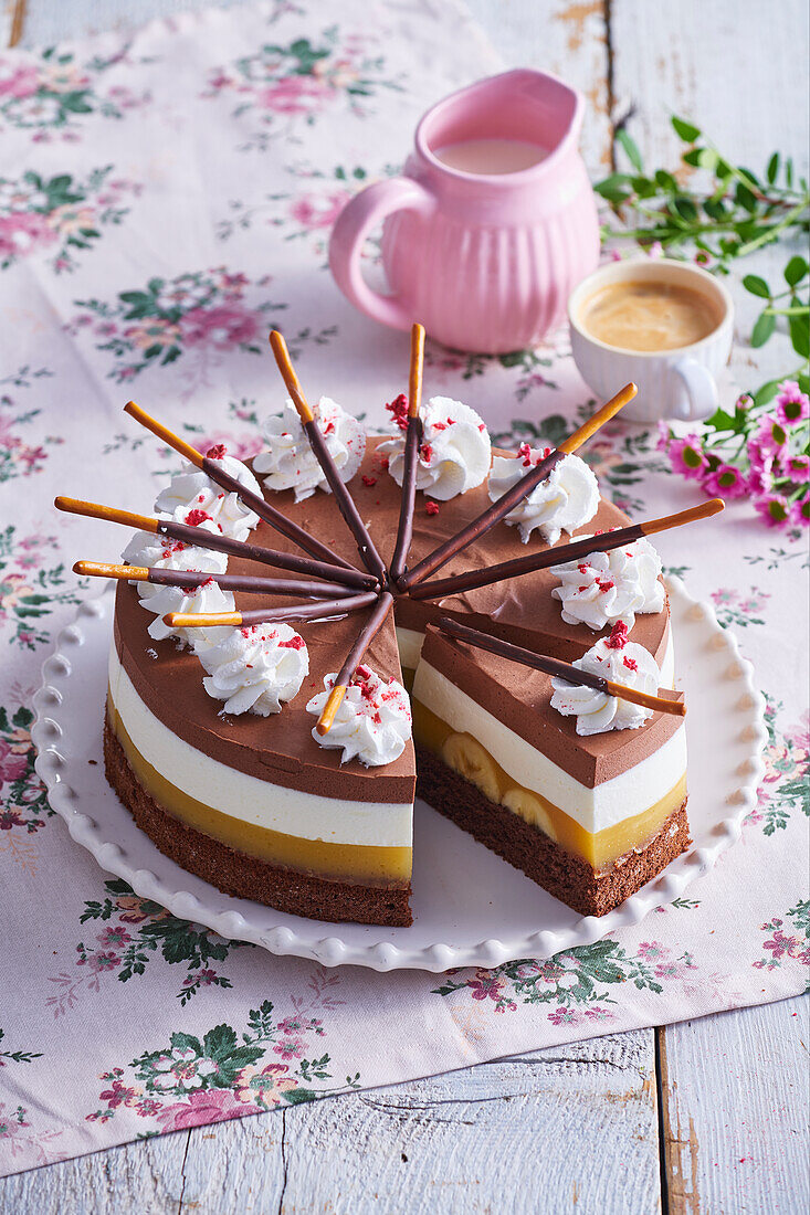 Chocolate banana cake with chocolate sticks