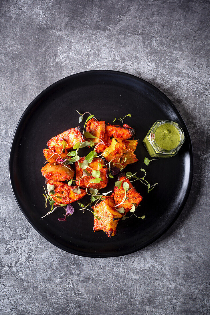 Phalwala Paneer Tikka (Indian snack with grilled paneer and star fruit)